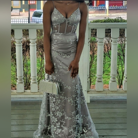 Dear Moon Silver Glitter Mesh Gown Size 0 - Picture 7 of 16